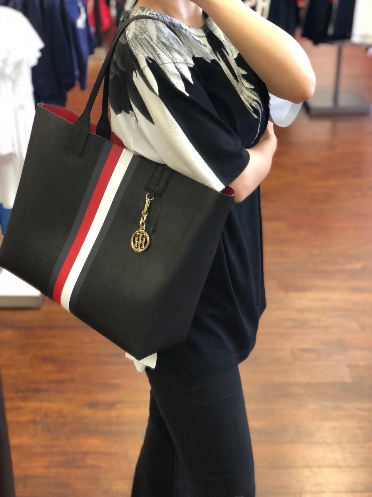 tommy hilfiger 汤米 女士托特包 藏青色十字纹皮/黑色十字纹皮