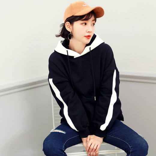 韩都衣舍2018韩版女装秋装新韩版连帽宽松撞色拼接卫衣dl11750喆