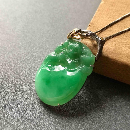 糯种阳绿灵猴翡翠福禄寿18k黄金镶嵌 商品图0