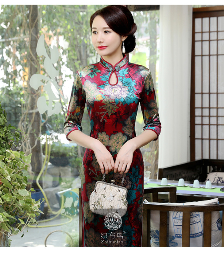 下架105花色双笙高档丝绒修身旗袍裙bjs7976