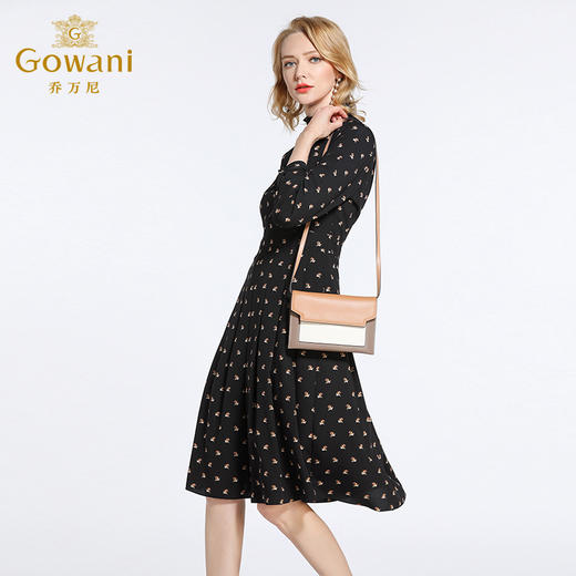 乔万尼春装女 复古高领修身气质碎花长袖连衣裙长裙EB3E203 商品图1