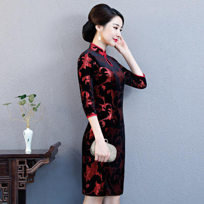 ZA 凤尾 秋冬新款金丝绒七分袖旗袍 商品图2