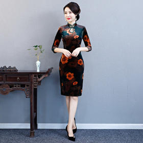 ZA 凤尾 秋冬新款金丝绒七分袖旗袍