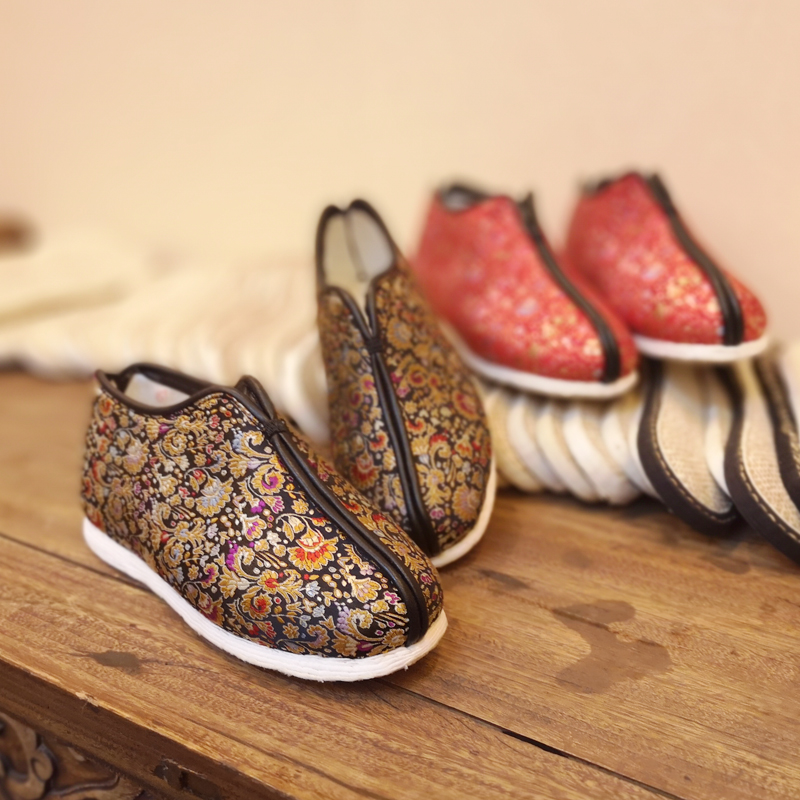 内联升女鞋手工棉鞋千层底经典贴胶底加密真丝织锦安棉8235A/FA