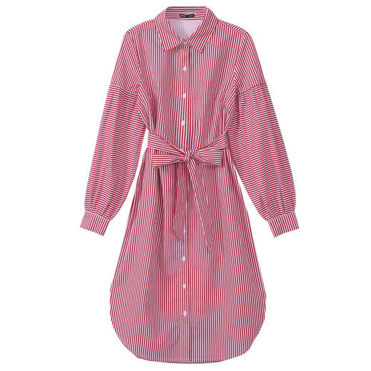 韩都衣舍2018韩版女装秋装条纹polo领中长款系带潮连衣裙ek8360囡