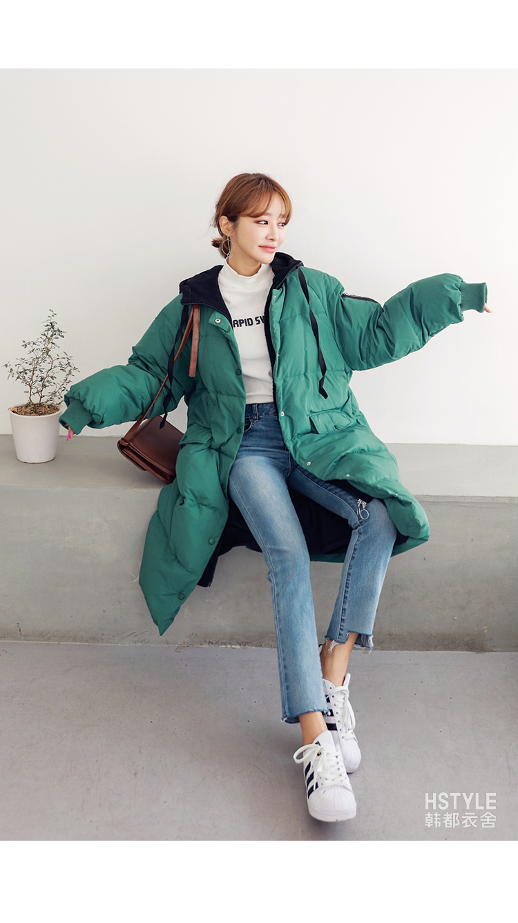韩都衣舍2018韩版女装冬装新款宽松撞色连帽中长羽绒服aa12239玎