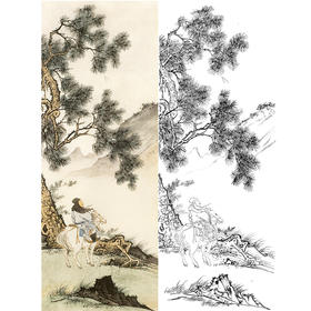 孙天牧竖幅工笔山水人物白描底稿-《骑马图》-多种白描尺寸可选-ST40