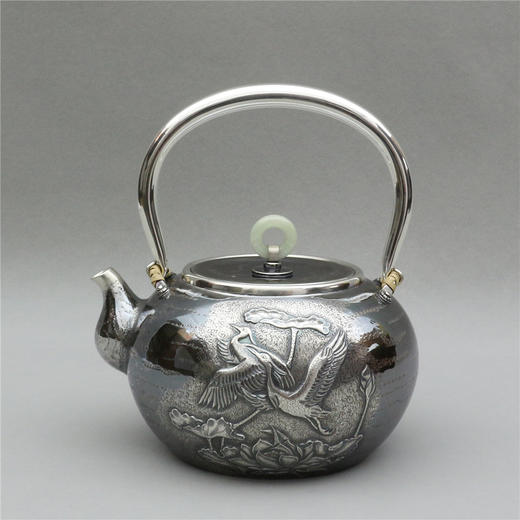 《清廉双禄》纯手作鹭鸶图翠环钮银壶（定） 商品图0