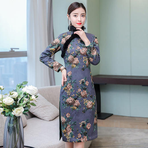 gzmess91778冬季旗袍裙女冬装长袖中长款夹棉修身改良加厚加绒保暖毛