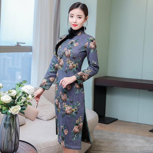 gzmess91778冬季旗袍裙女冬装长袖中长款夹棉修身改良加厚加绒保暖毛