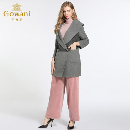 乔万尼冬季毛呢外套女宽松大翻领简约双面羊呢子大衣中长款轻薄E144A821 商品图3