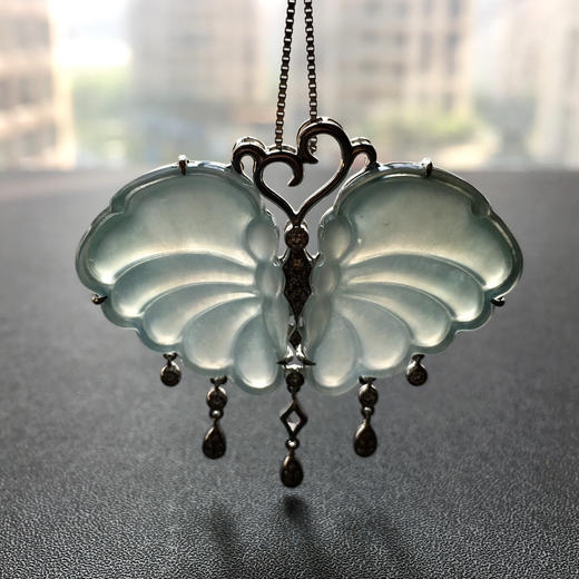 冰种翡翠蝴蝶吊坠18k白金钻石镶嵌 商品图8