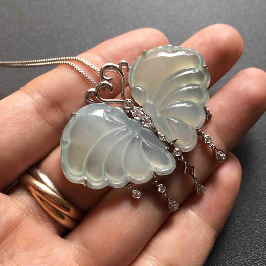 冰种翡翠蝴蝶吊坠18k白金钻石镶嵌 商品图5