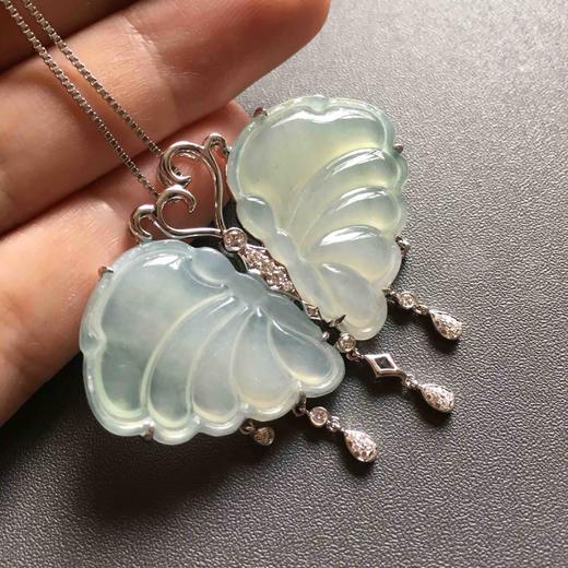 冰种翡翠蝴蝶吊坠18k白金钻石镶嵌 商品图6
