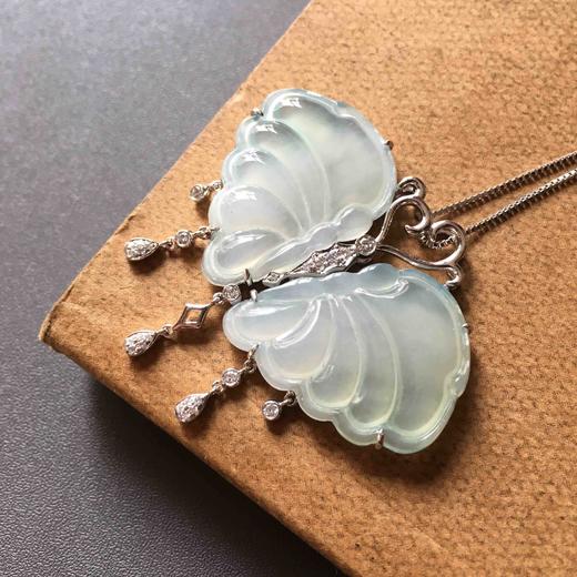 冰种翡翠蝴蝶吊坠18k白金钻石镶嵌 商品图1