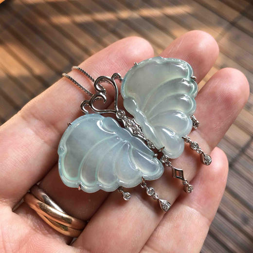 冰种翡翠蝴蝶吊坠18k白金钻石镶嵌 商品图7