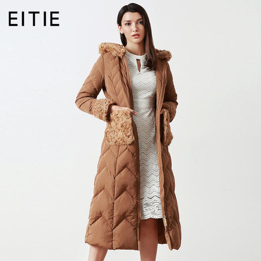EITIE爱特爱品牌女装冬款时尚加厚保暖鹅绒连帽羽绒服长款5611314 商品图0