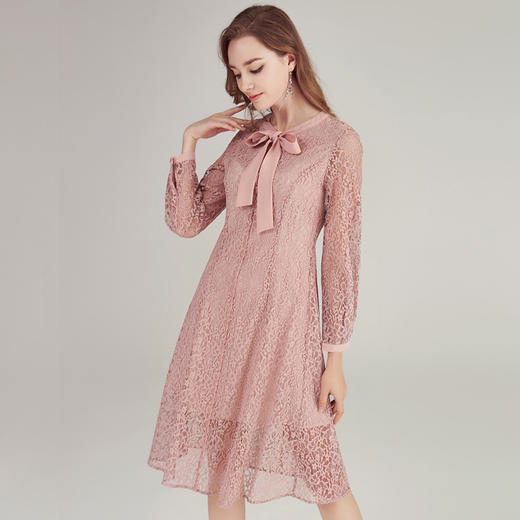 EITIE爱特爱品牌女装秋款长袖镂空蕾丝连衣裙时尚绣花A字裙C1807178 商品图2