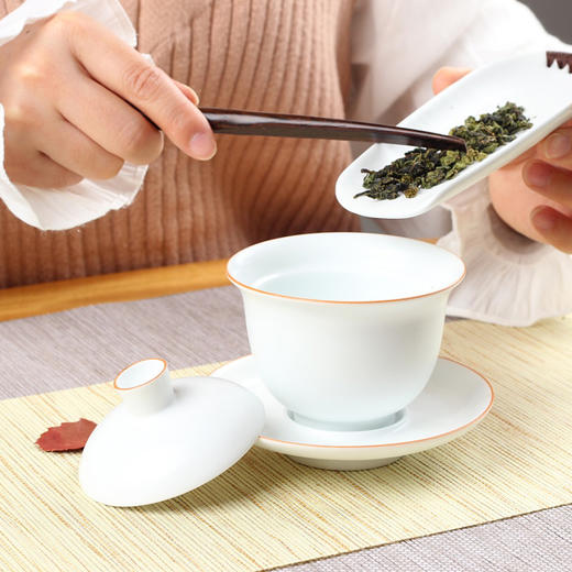 定窑陶瓷三才盖碗茶杯 描金边亚光白瓷手工家用泡茶功夫茶具 商品图2