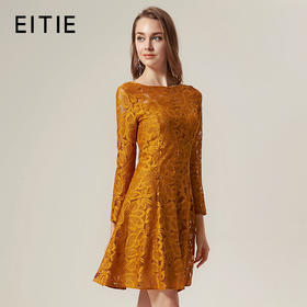 EITIE爱特爱品牌女装秋款修身镂空蕾丝长袖连衣裙气质短裙5807506