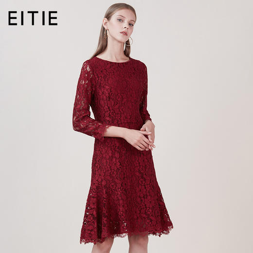 EITIE爱特爱品牌女装新款时尚优雅蕾丝连衣裙圆领低腰中裙5807534 商品图0