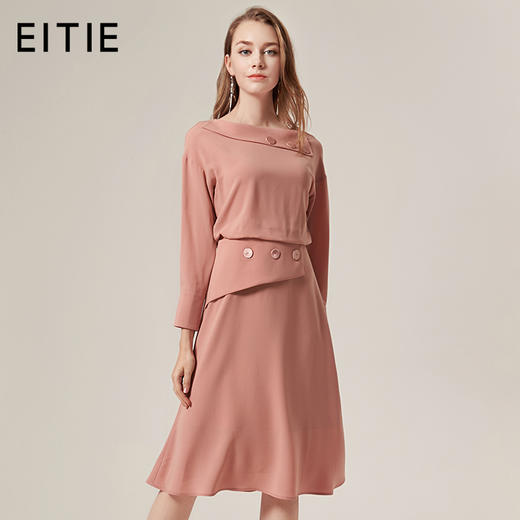 EITIE爱特爱品牌女装时尚气质圆领九分袖中裙纯色连衣裙5807511 商品图0
