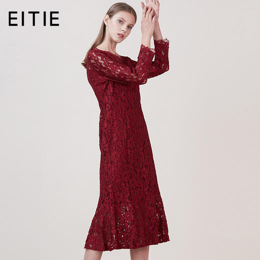 EITIE爱特爱品牌女装新款修身显瘦V领中腰蕾丝连衣裙中长裙5807535 商品图1
