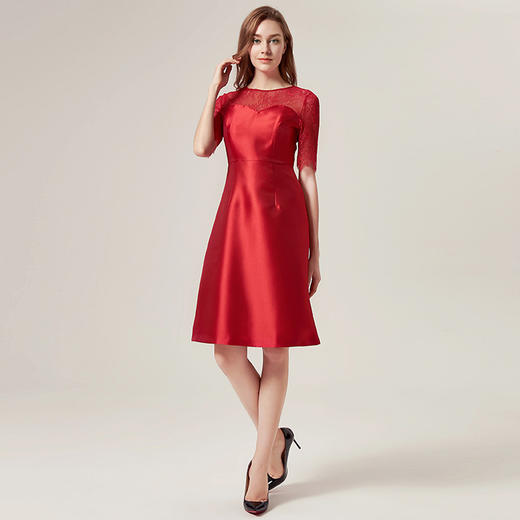 EITIE爱特爱品牌女装商场同款秋款婚宴优雅蕾丝红色礼服裙5877524 商品图1