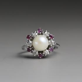 欧洲古董原装珍珠+红宝石白金戒指