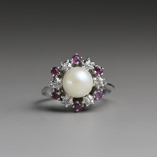 欧洲古董原装珍珠+红宝石白金戒指 商品图0