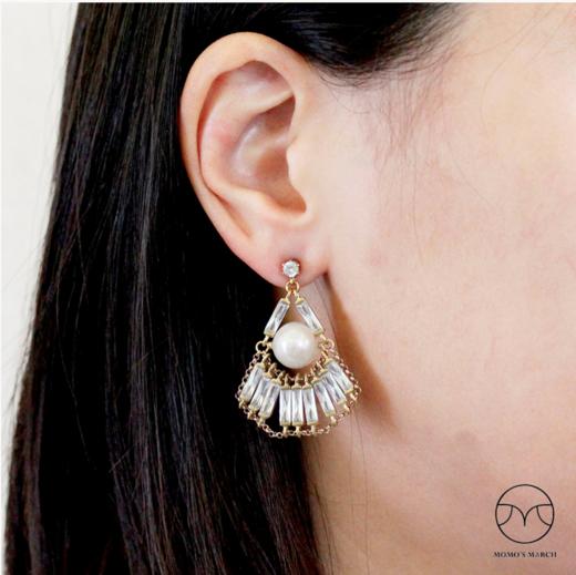 Momo‘s March   珍珠与长方钻 手工扇形耳环 商品图2