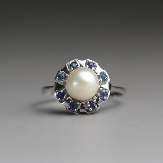 欧洲古董原装珍珠+蓝宝石白金戒指 商品图0
