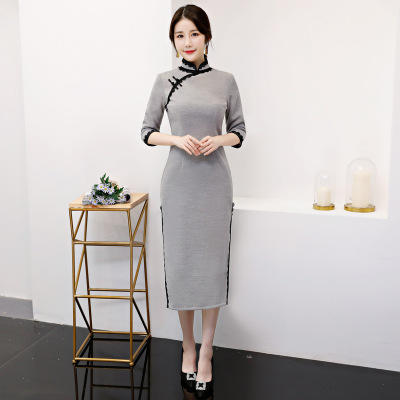 Q180222毛呢复古时尚改良中长款旗袍 商品图3