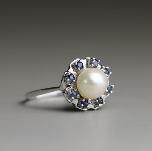 欧洲古董原装珍珠+蓝宝石白金戒指 商品图1