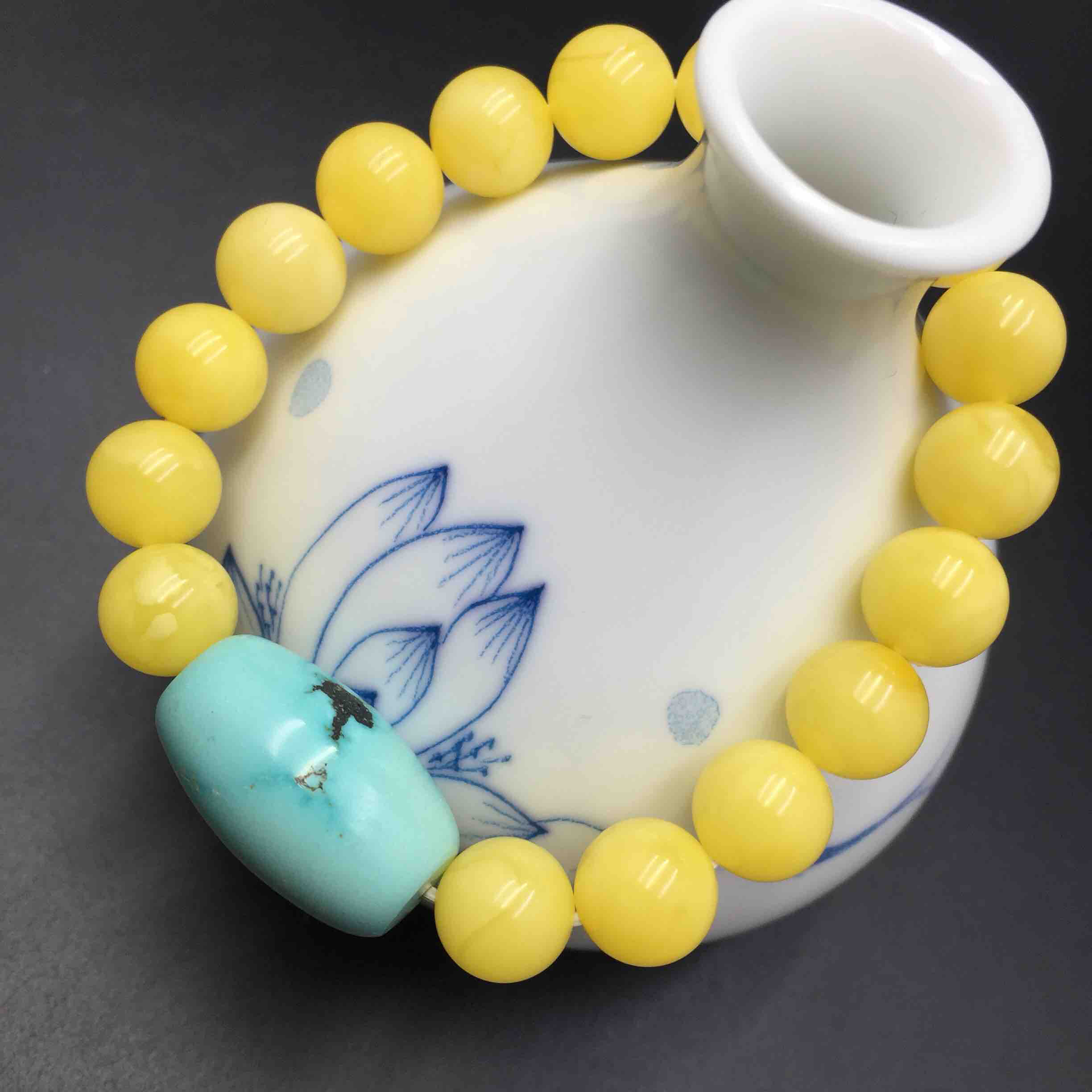 9-10mm原矿9515蜡圆珠手串,搭配原矿高瓷绿松石大桶珠smx355