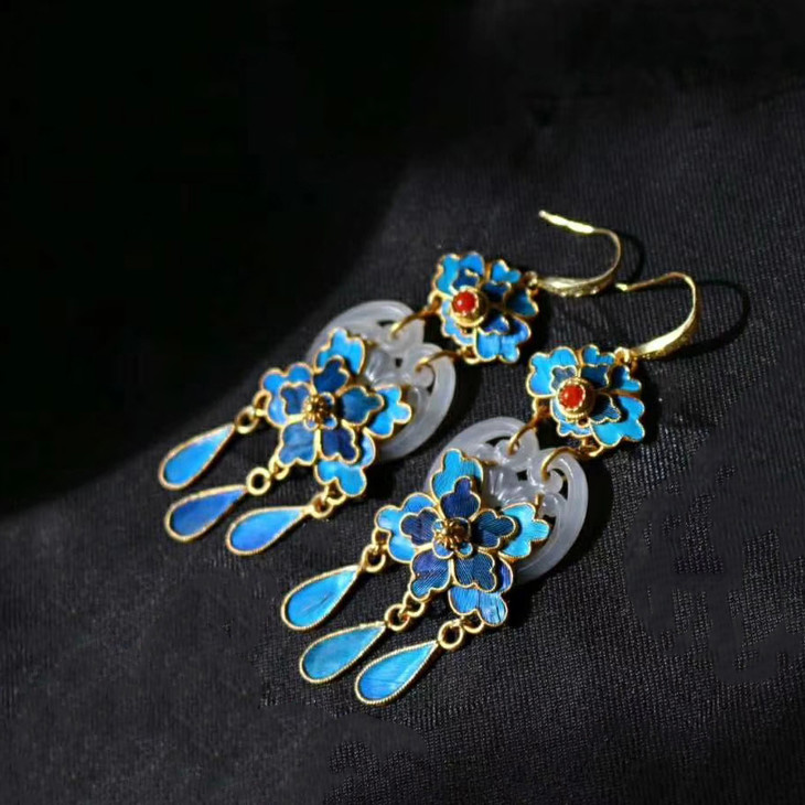 纯银鎏金点翠和田玉(白玉)耳坠