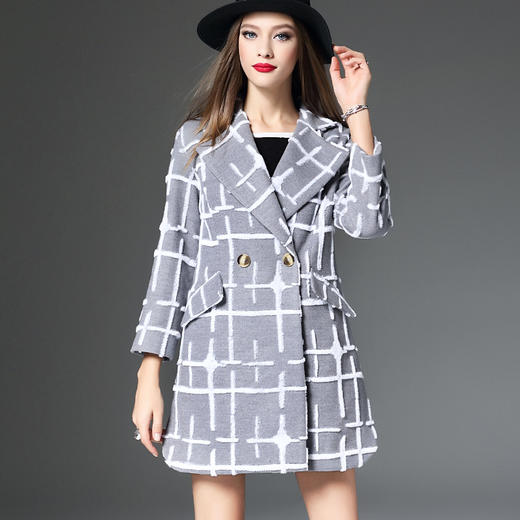 【服饰鞋包】秋冬外套女装欧美格纹西装领A字摆大衣 商品图3