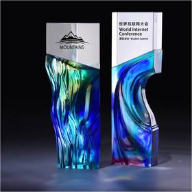 逆流而上蓝色流淌琉璃奖杯水晶定制年会表彰奖牌比赛奖品纪念品免费刻字定做