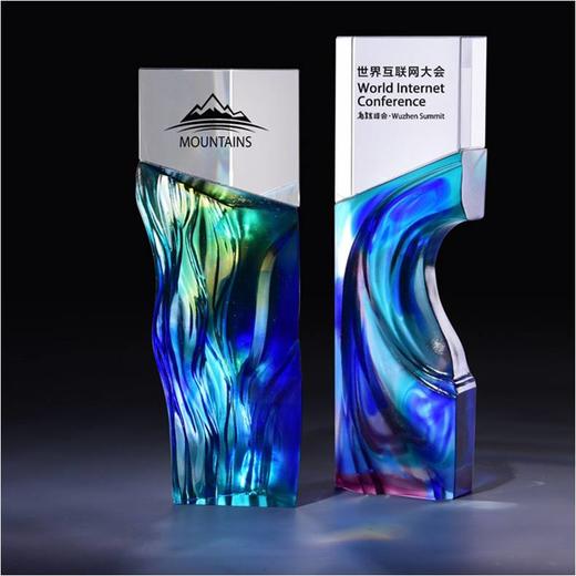 逆流而上蓝色流淌琉璃奖杯水晶定制年会表彰奖牌比赛奖品纪念品免费刻字定做 商品图0