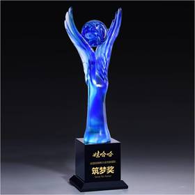 蓝色筑梦琉璃奖杯水晶定制年会表彰奖牌比赛奖品纪念品免费刻字定做