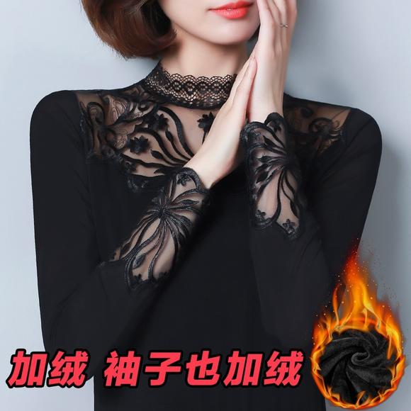 YB-6530秋冬新款网纱蕾丝加绒打底衫