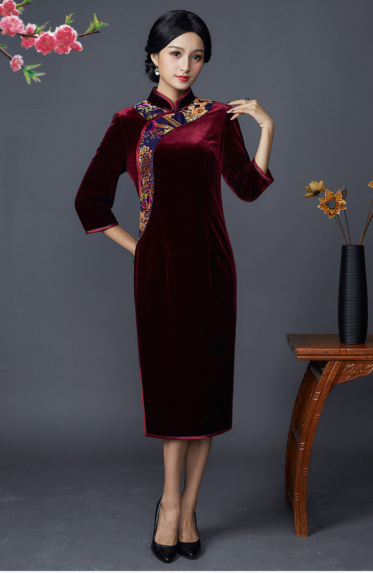 hzhz0071秋冬新款复古气质修身丝绒旗袍裙