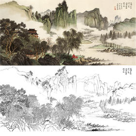 刘彦水白描底稿-横幅工笔山水人物-《玉楼春思青山远》-多种白描尺寸可选-LQ55