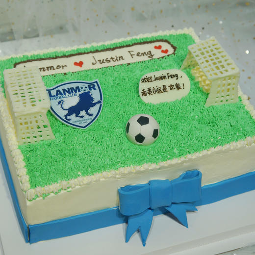 足球场蛋糕图片为8寸效果上面球队logo可以发图定制