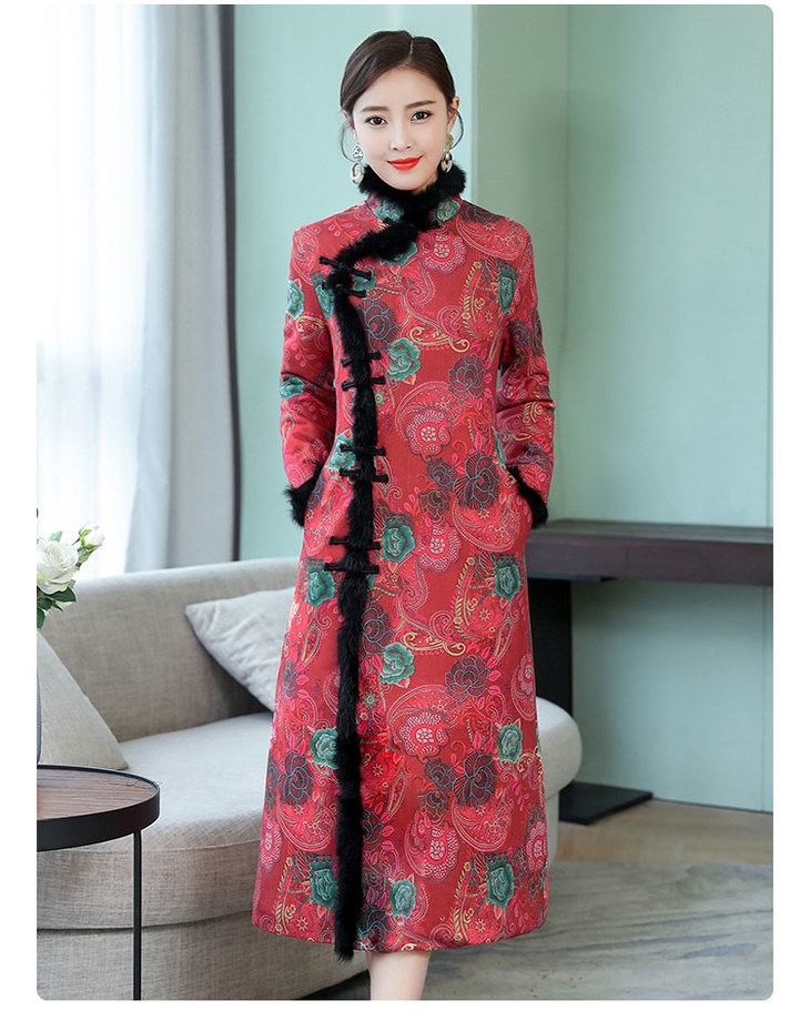 秋冬麂皮绒加厚长款夹棉旗袍冬改良厚款毛领旗袍连衣裙大气礼服