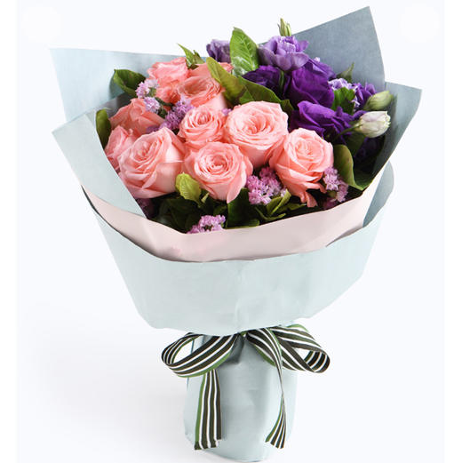 依靠---戴安娜12枝，紫色桔梗5枝，粉色勿忘我3枝，栀子叶0.5扎 粉色opp雾面纸，蓝灰色绝色纸，白绿罗纹带(1087) 商品图0