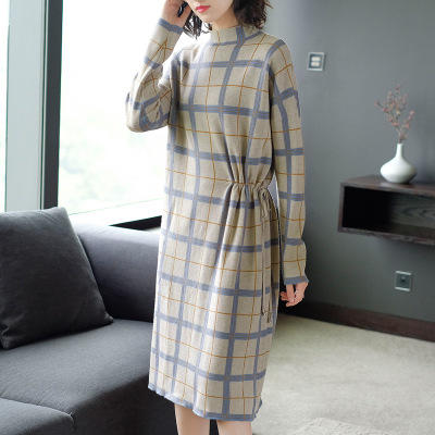 FBA5118立领长袖格子连衣裙秋装女2018宽松中长款针织早秋裙子 商品图1