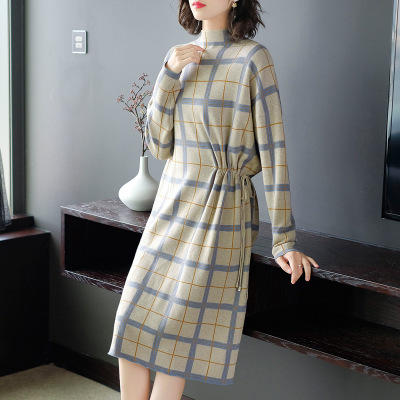 FBA5118立领长袖格子连衣裙秋装女2018宽松中长款针织早秋裙子 商品图2