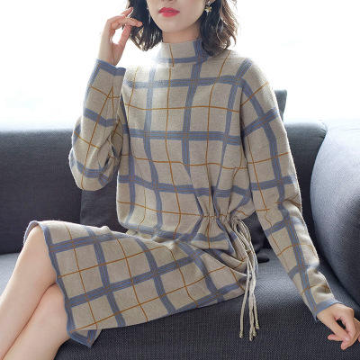 FBA5118立领长袖格子连衣裙秋装女2018宽松中长款针织早秋裙子 商品图0
