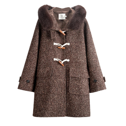 金蘑菇菇 巧克力牛角扣狐狸毛带帽羊毛呢外套特价不退不换 商品图4